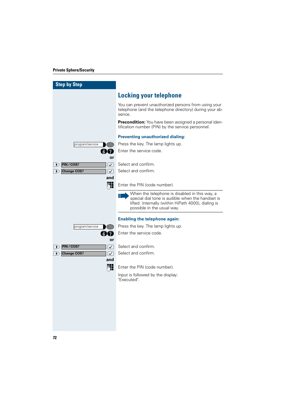 Locking your telephone, Preventing unauthorized dialing, Enabling the telephone again | Siemens OptiPoint 410 User Manual | Page 72 / 108