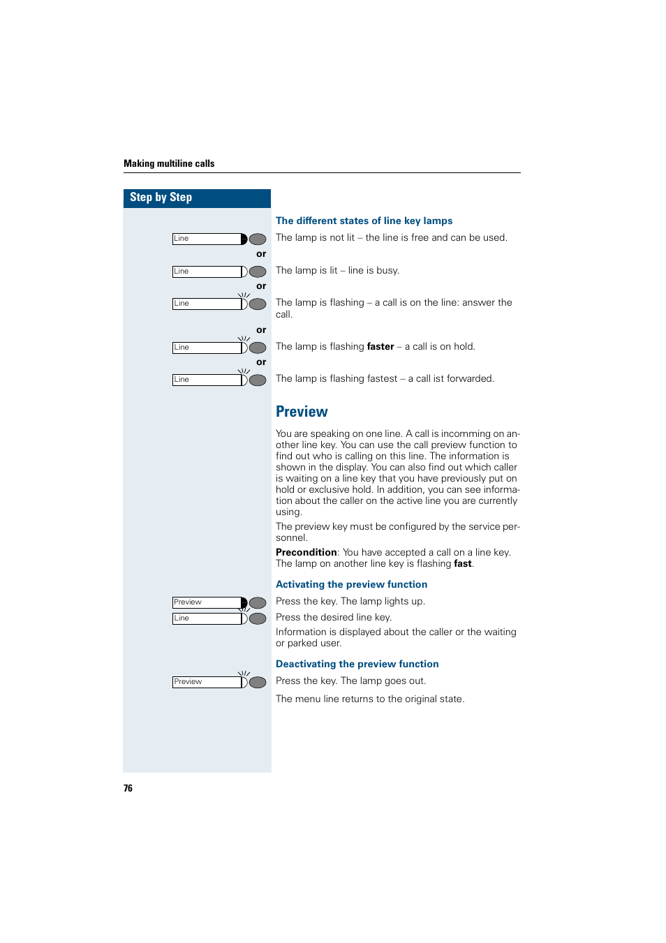 The different states of line key lamps, Preview, Activating the preview function | Deactivating the preview function | Siemens OptiPoint 410 User Manual | Page 76 / 108