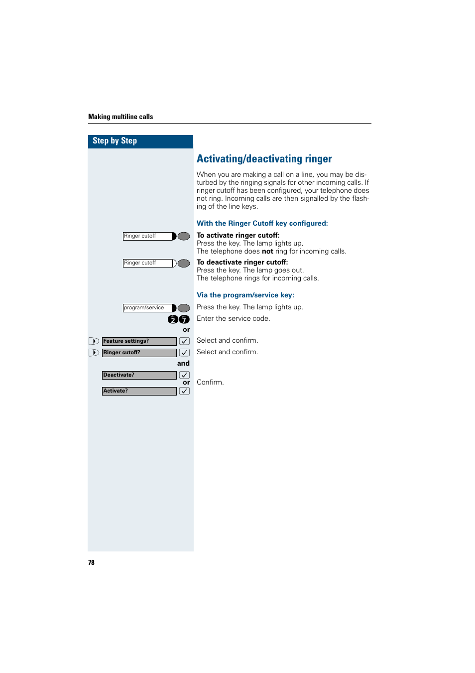 Activating/deactivating ringer, With the ringer cutoff key configured, Via the program/service key | Siemens OptiPoint 410 User Manual | Page 78 / 108