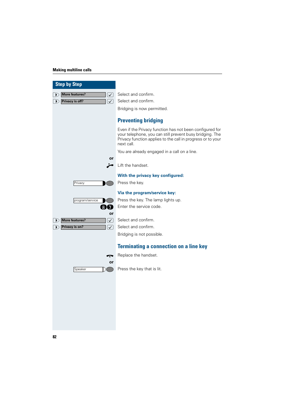 Preventing bridging, With the privacy key configured, Via the program/service key | Terminating a connection on a line key | Siemens OptiPoint 410 User Manual | Page 82 / 108