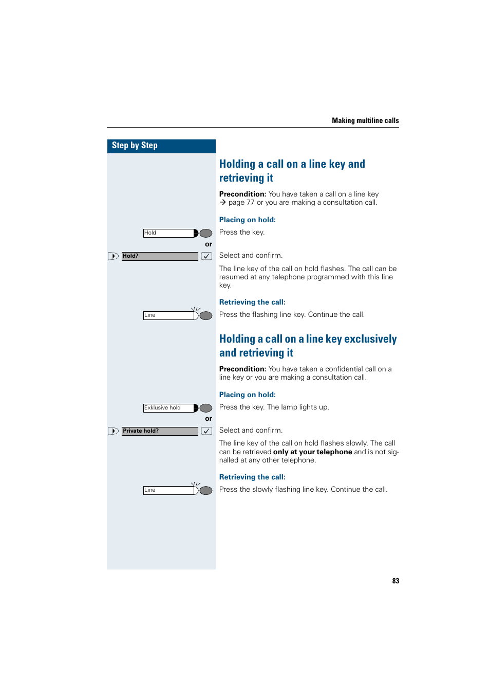 Holding a call on a line key and retrieving it, Placing on hold, Retrieving the call | Holding a call on a line key and retrieving it | Siemens OptiPoint 410 User Manual | Page 83 / 108