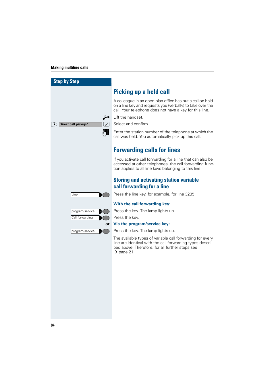 Picking up a held call, Forwarding calls for lines, With the call forwarding key | Via the program/service key, Picking up a held call forwarding calls for lines | Siemens OptiPoint 410 User Manual | Page 84 / 108