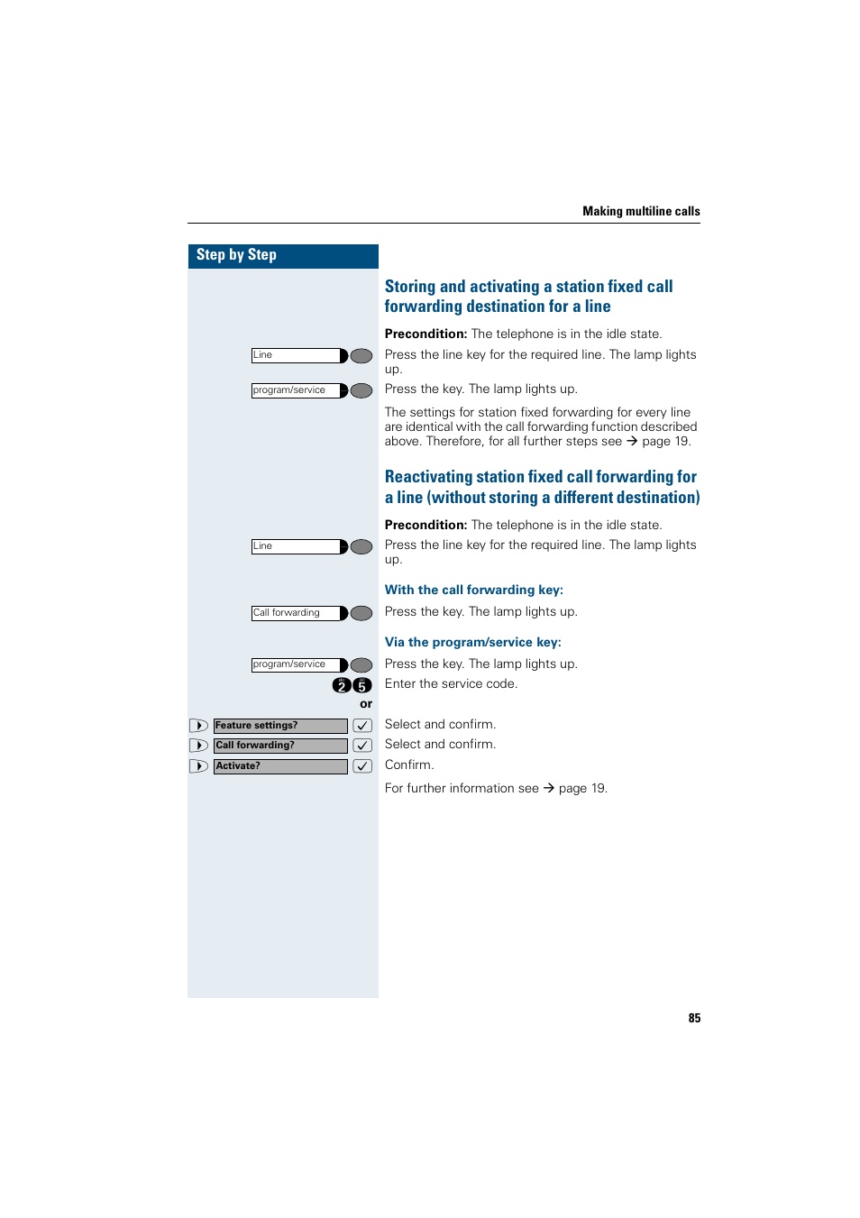 With the call forwarding key, Via the program/service key | Siemens OptiPoint 410 User Manual | Page 85 / 108