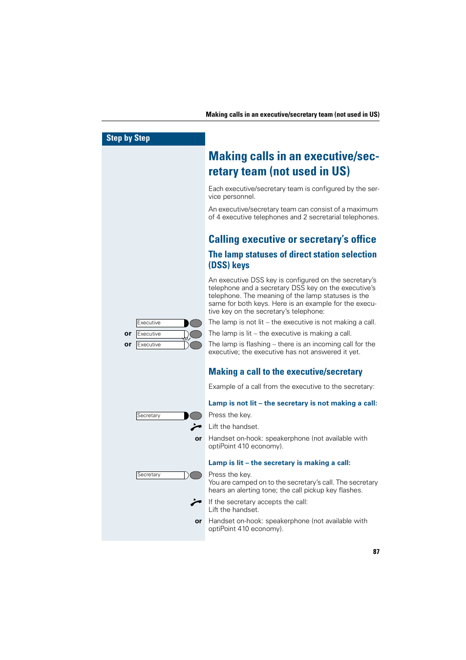 Calling executive or secretary’s office, Making a call to the executive/secretary, Lamp is lit – the secretary is making a call | Siemens OptiPoint 410 User Manual | Page 87 / 108