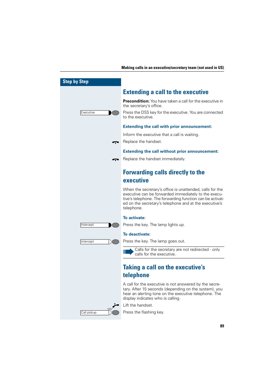 Extending a call to the executive, Extending the call with prior announcement, Extending the call without prior announcement | Forwarding calls directly to the executive, To activate, To deactivate, Taking a call on the executive’s telephone, Forwarding calls directly to the executive, Taking a call on the executive’s telephone | Siemens OptiPoint 410 User Manual | Page 89 / 108