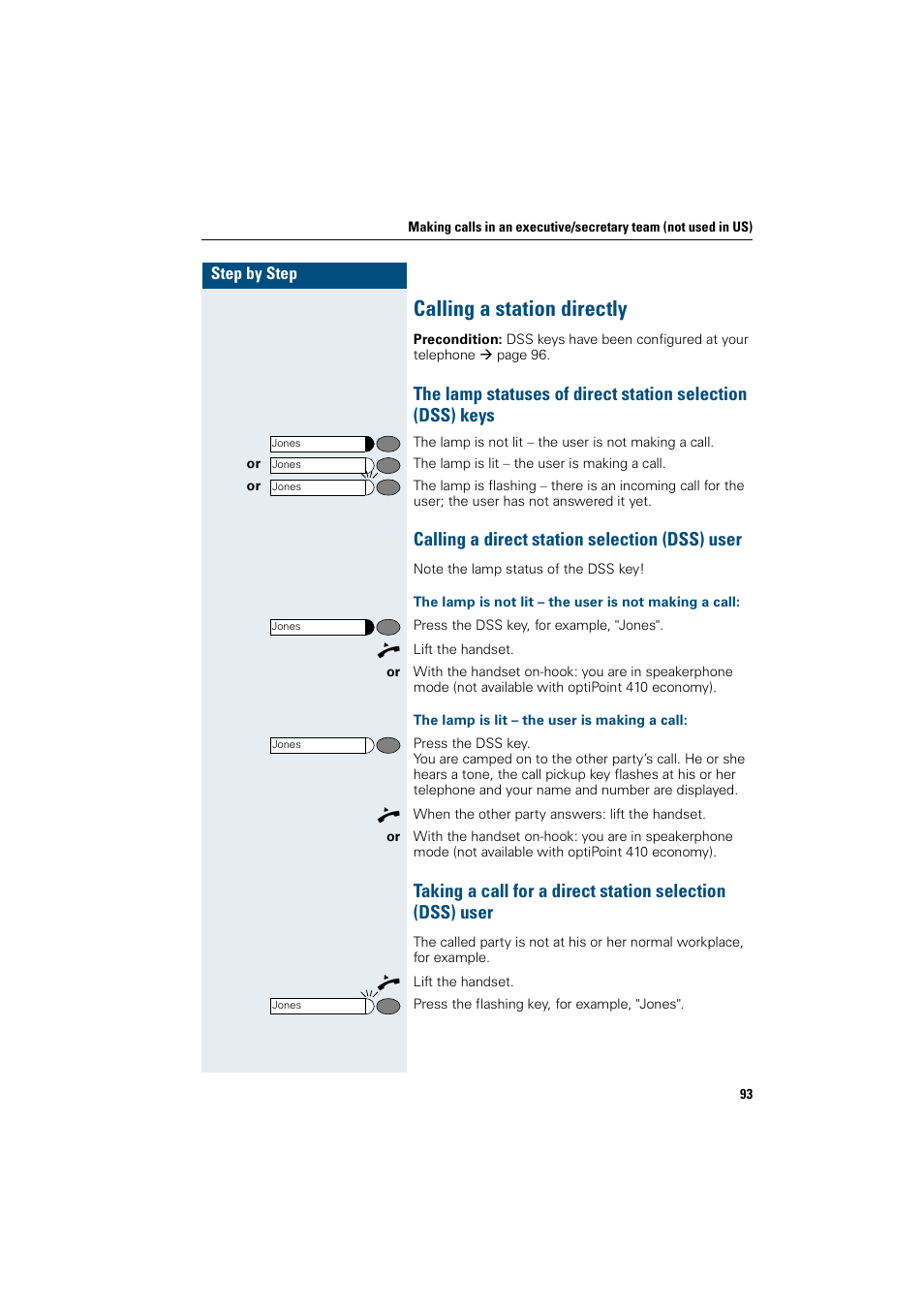 Calling a station directly, Calling a direct station selection (dss) user, The lamp is lit – the user is making a call | Siemens OptiPoint 410 User Manual | Page 93 / 108