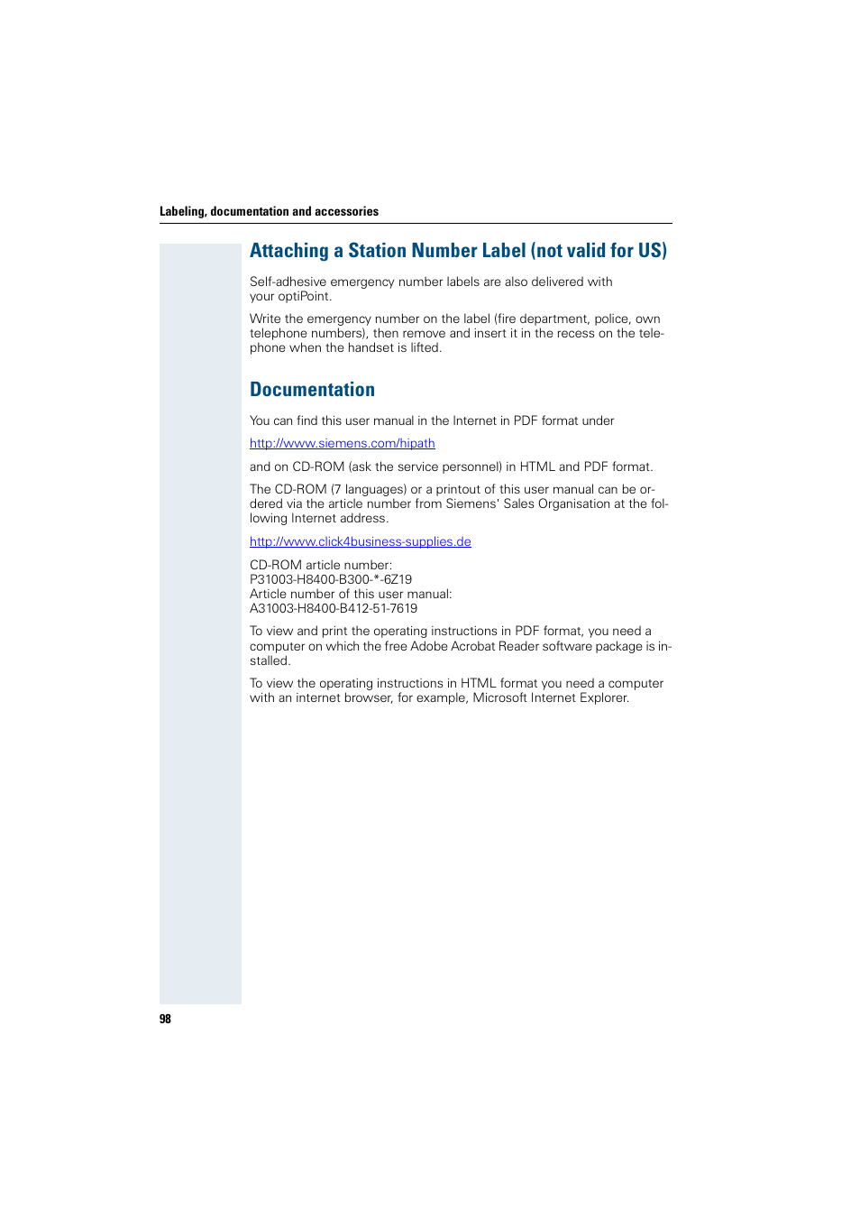 Documentation | Siemens OptiPoint 410 User Manual | Page 98 / 108