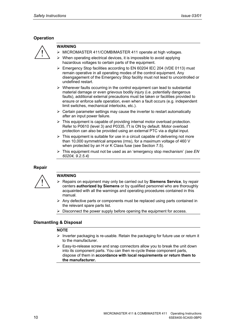 Siemens MICROMASTER 411 User Manual | Page 10 / 164