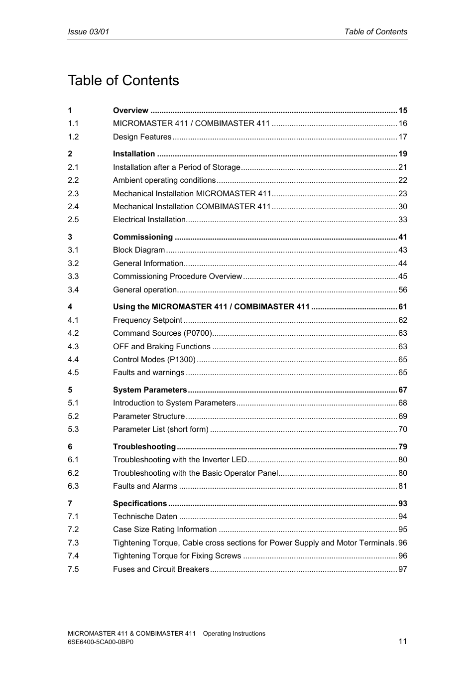 Siemens MICROMASTER 411 User Manual | Page 11 / 164