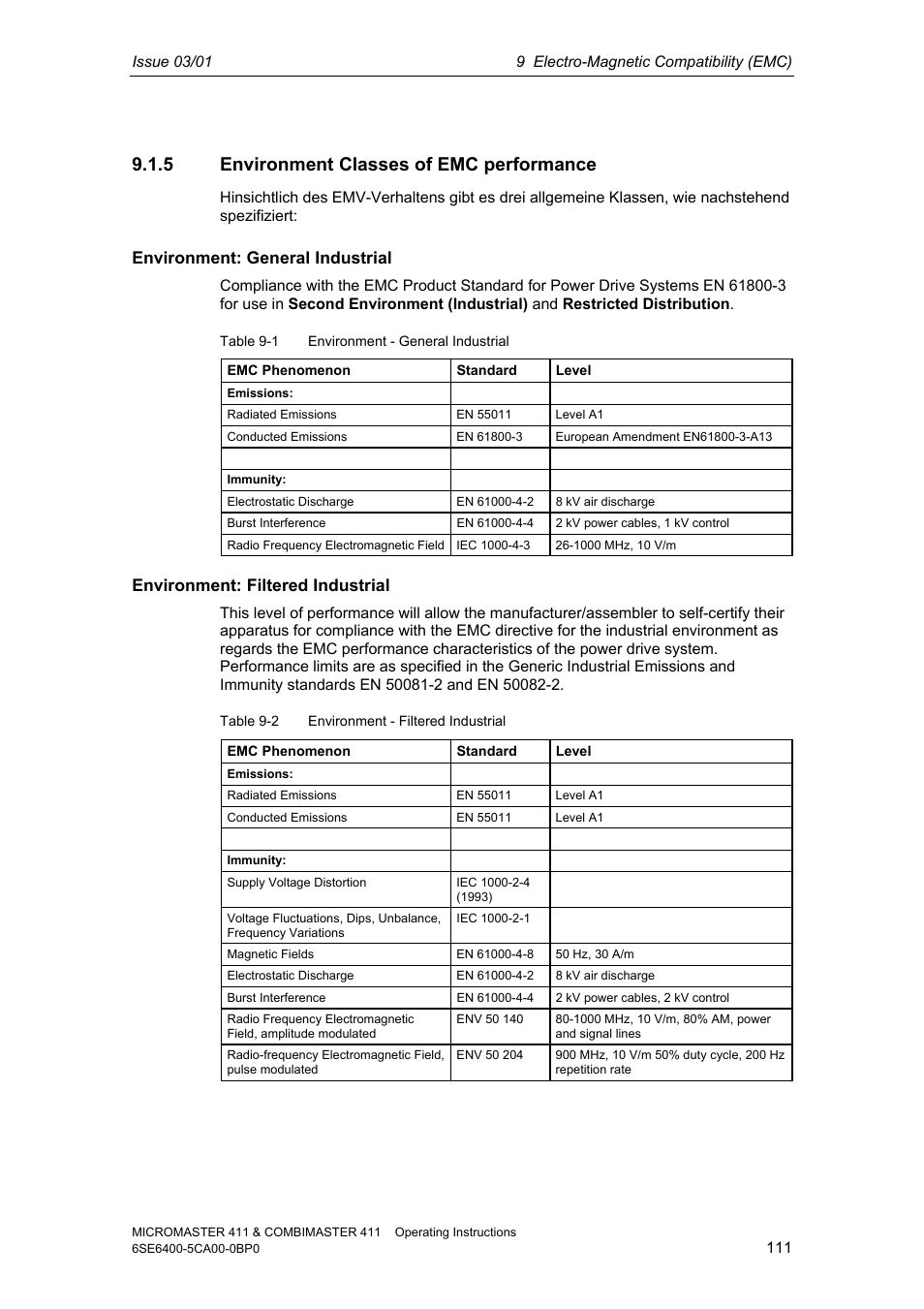 5 environment classes of emc performance, Environment: general industrial, Environment: filtered industrial | Siemens MICROMASTER 411 User Manual | Page 111 / 164