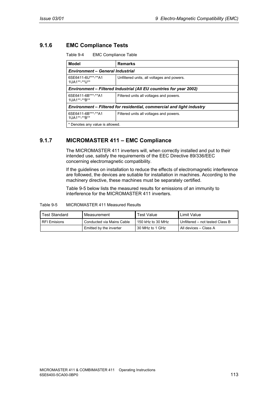 6 emc compliance tests, 7 micromaster 411 – emc compliance | Siemens MICROMASTER 411 User Manual | Page 113 / 164