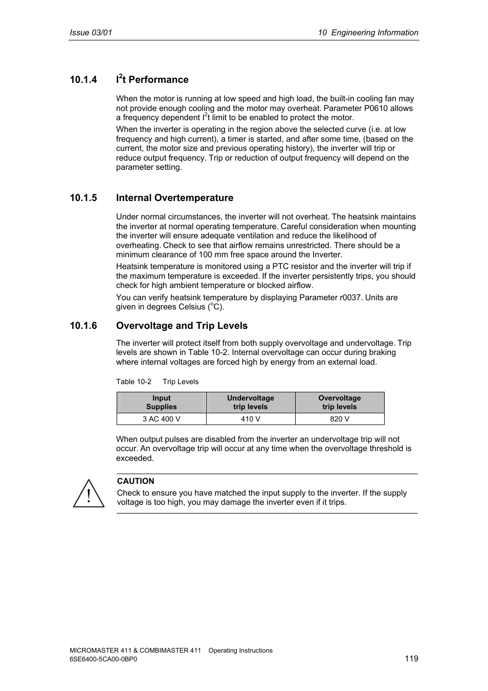 4 i2t performance, 5 internal overtemperature, 6 overvoltage and trip levels | T performance | Siemens MICROMASTER 411 User Manual | Page 119 / 164