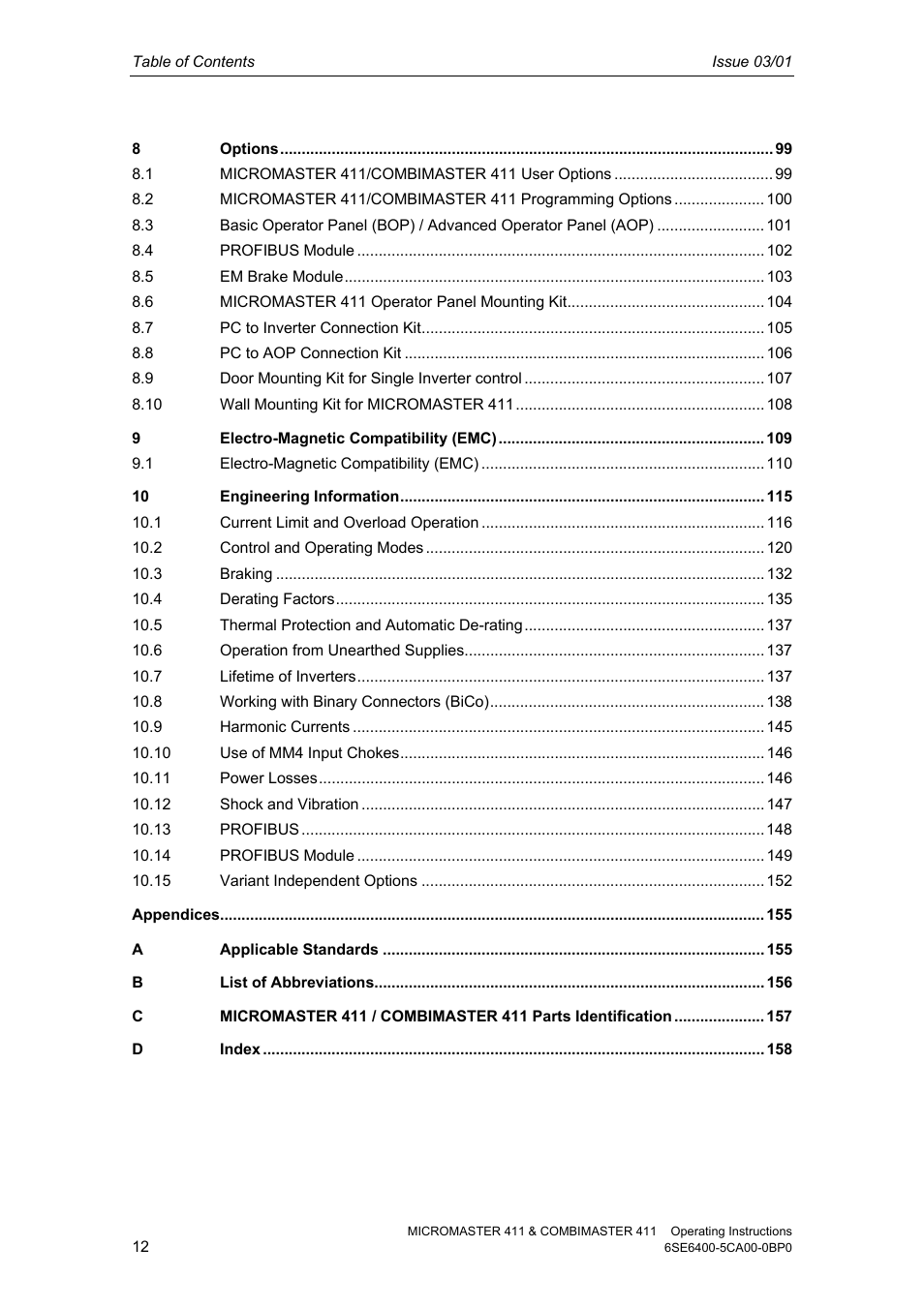 Siemens MICROMASTER 411 User Manual | Page 12 / 164