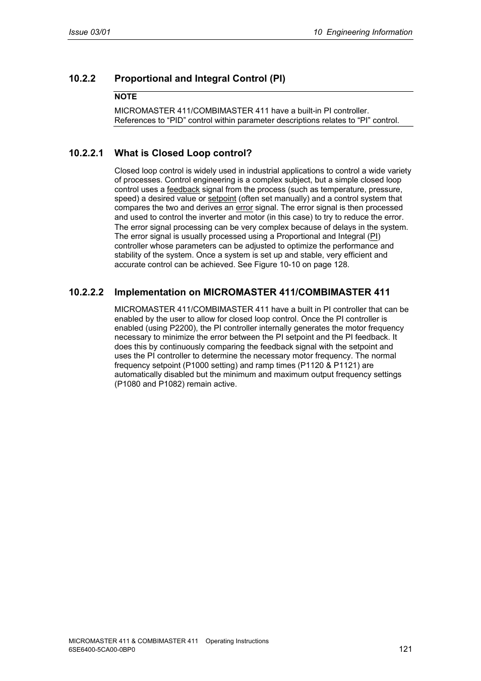 2 proportional and integral control (pi), 1 what is closed loop control | Siemens MICROMASTER 411 User Manual | Page 121 / 164