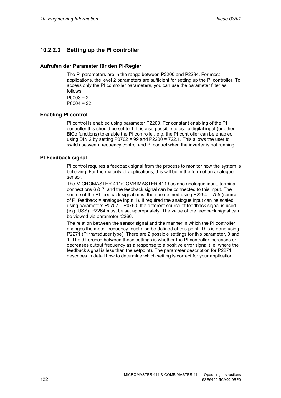 3 setting up the pi controller | Siemens MICROMASTER 411 User Manual | Page 122 / 164