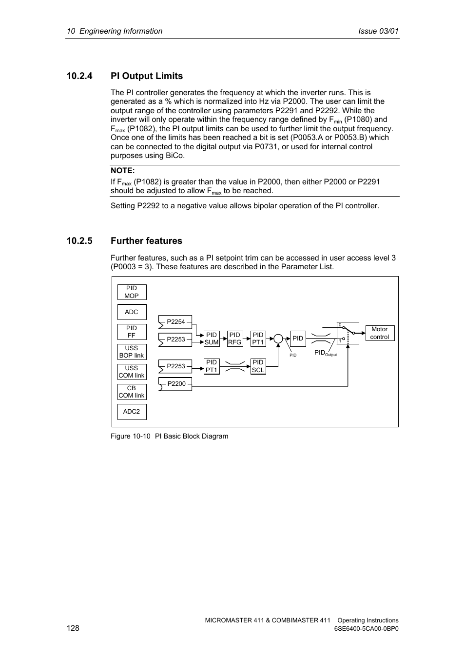 4 pi output limits, 5 further features | Siemens MICROMASTER 411 User Manual | Page 128 / 164