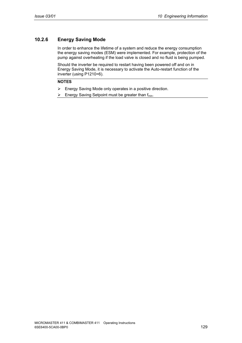 6 energy saving mode | Siemens MICROMASTER 411 User Manual | Page 129 / 164