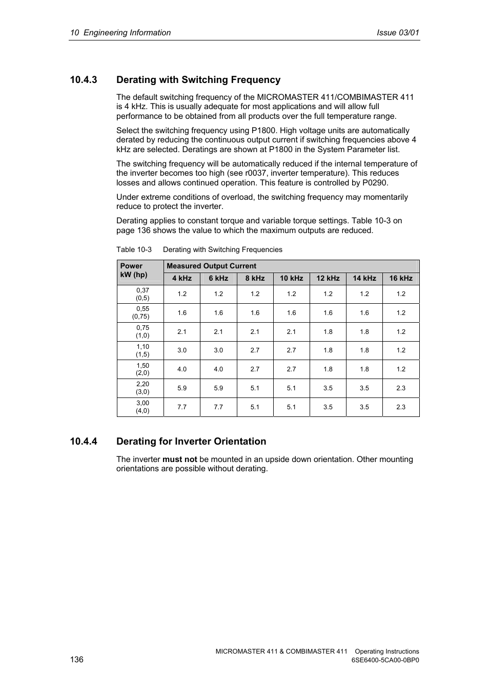 3 derating with switching frequency, 4 derating for inverter orientation | Siemens MICROMASTER 411 User Manual | Page 136 / 164