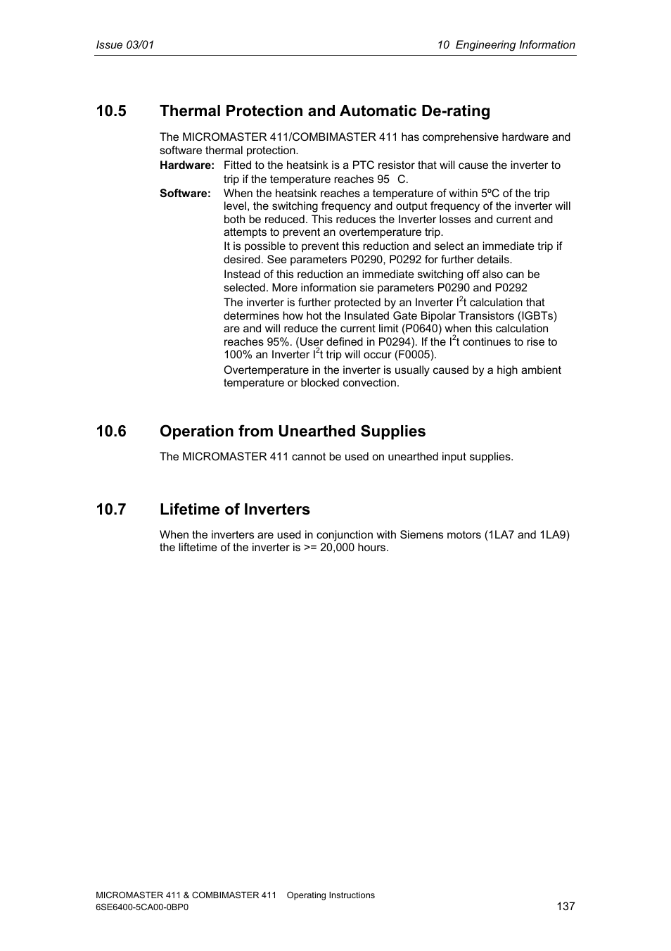 5 thermal protection and automatic de-rating, 6 operation from unearthed supplies, 7 lifetime of inverters | Siemens MICROMASTER 411 User Manual | Page 137 / 164