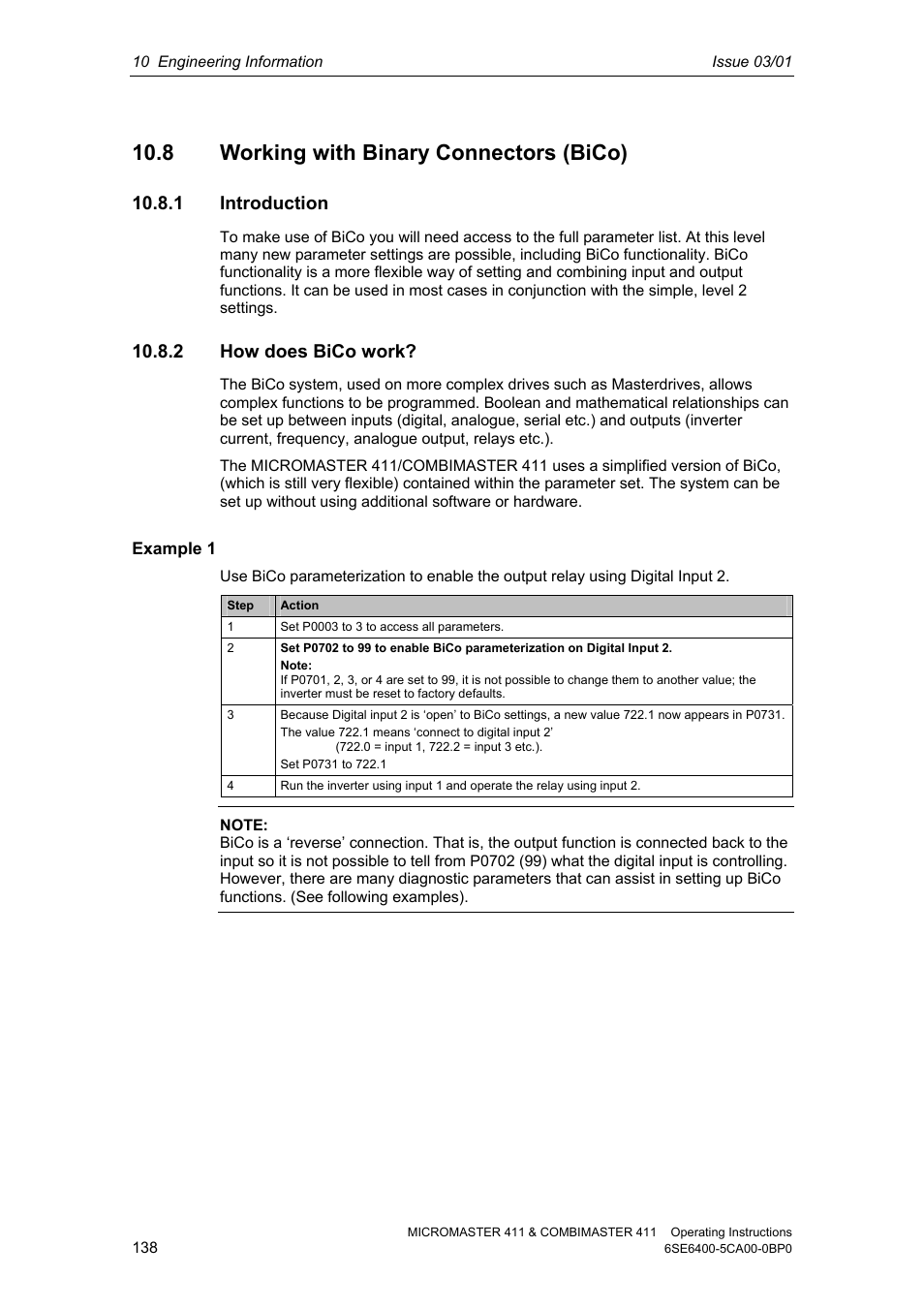 8 working with binary connectors (bico), 1 introduction, 2 how does bico work | Siemens MICROMASTER 411 User Manual | Page 138 / 164