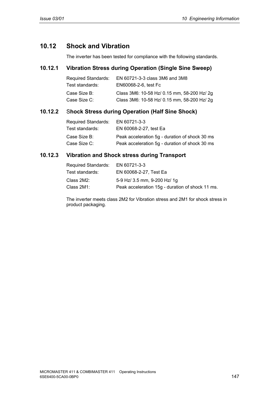 12 shock and vibration, 2 stress during operation (half sine shock), 3 vibration and shock stress during transport | Siemens MICROMASTER 411 User Manual | Page 147 / 164