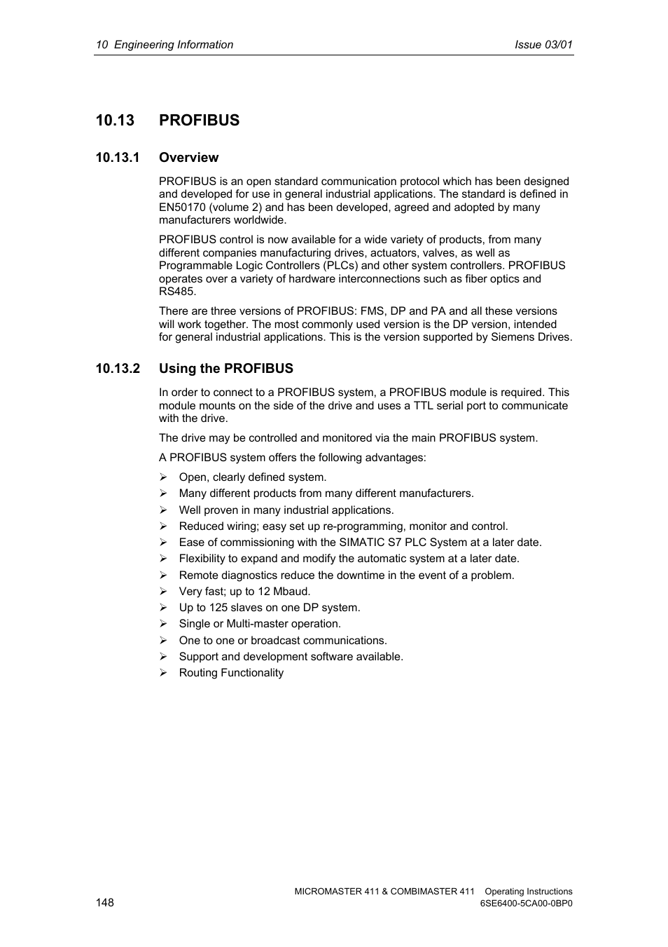 13 profibus, 1 overview, 2 using the profibus | Siemens MICROMASTER 411 User Manual | Page 148 / 164