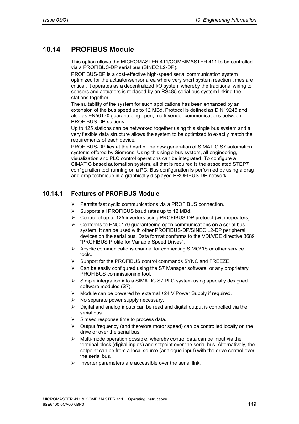 14 profibus module, 1 features of profibus module | Siemens MICROMASTER 411 User Manual | Page 149 / 164