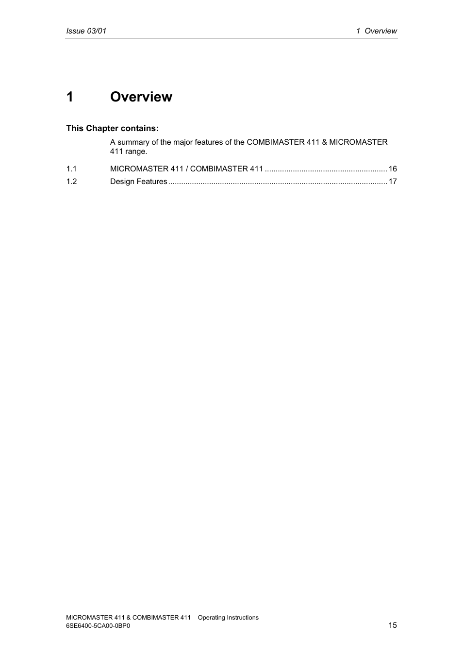 1 overview | Siemens MICROMASTER 411 User Manual | Page 15 / 164