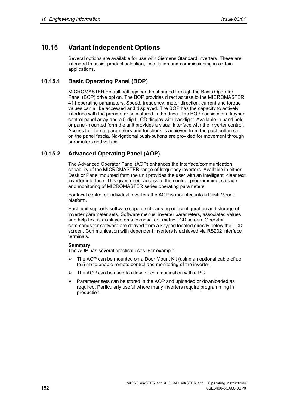 15 variant independent options, 1 basic operating panel (bop), 2 advanced operating panel (aop) | Siemens MICROMASTER 411 User Manual | Page 152 / 164