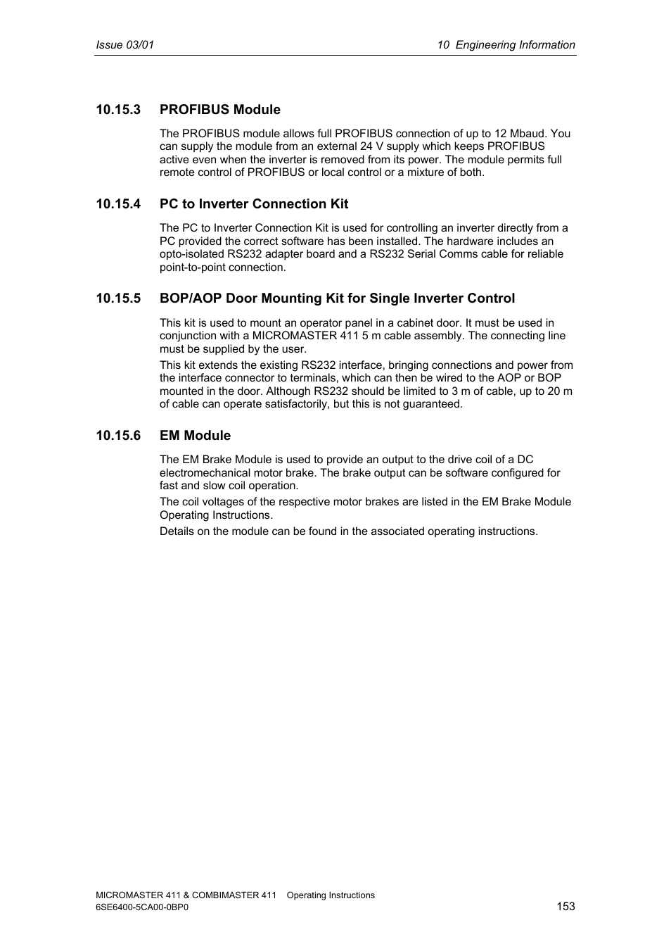 3 profibus module, 4 pc to inverter connection kit, 6 em module | Siemens MICROMASTER 411 User Manual | Page 153 / 164