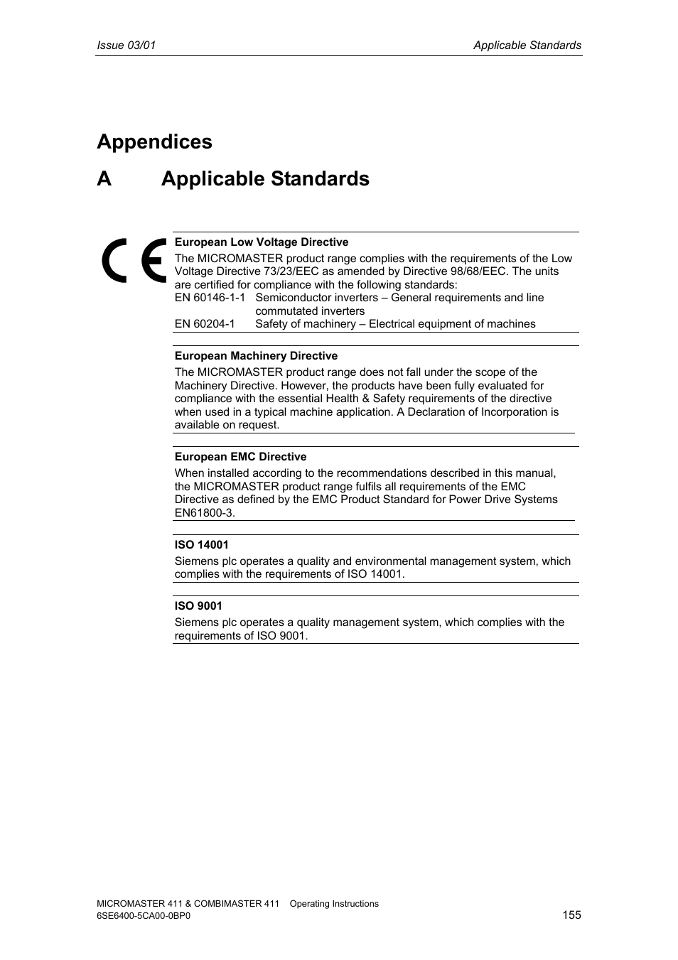 Appendices, A applicable standards, Appendices a applicable standards | Siemens MICROMASTER 411 User Manual | Page 155 / 164