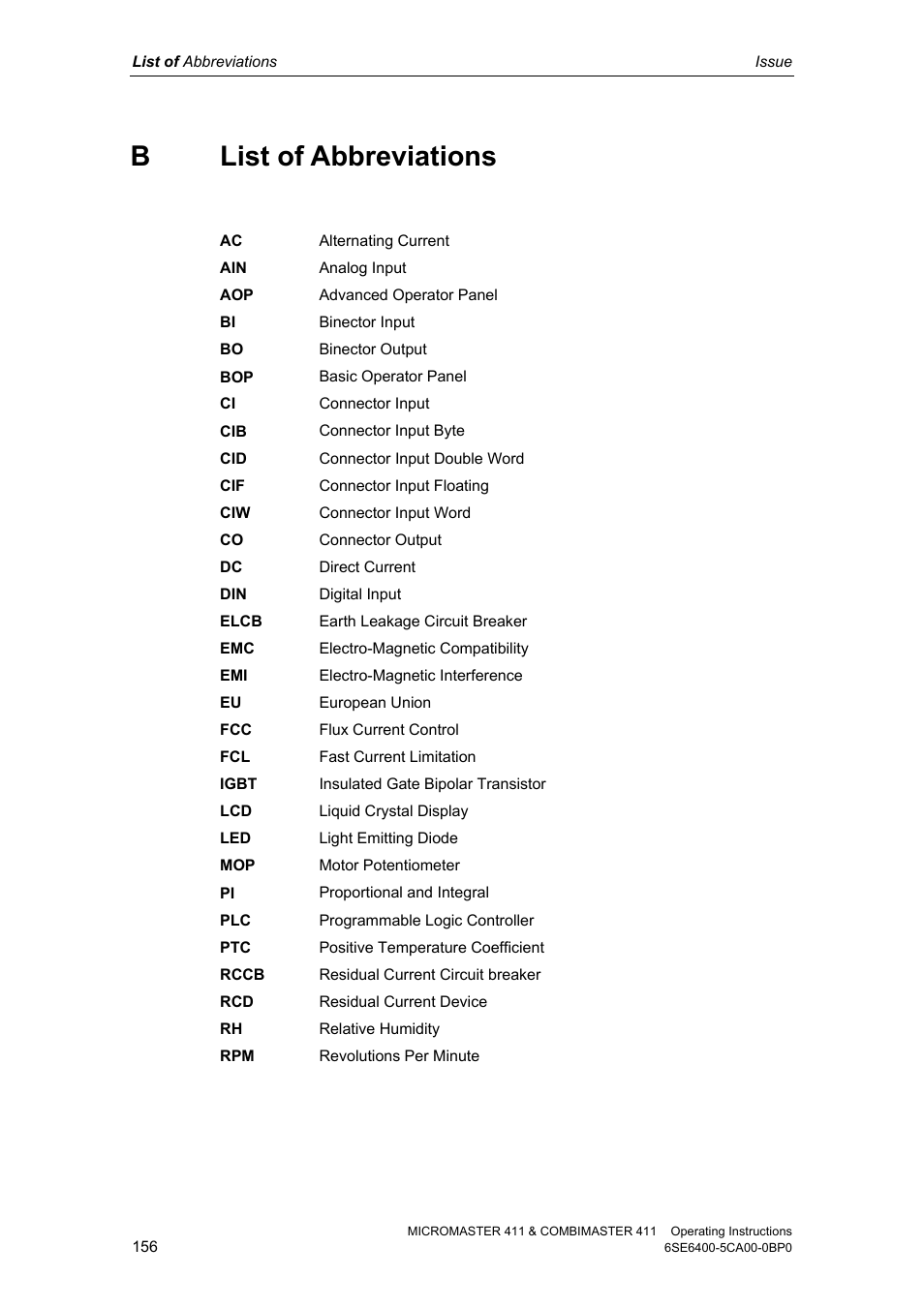 B list of abbreviations, Eviations | Siemens MICROMASTER 411 User Manual | Page 156 / 164