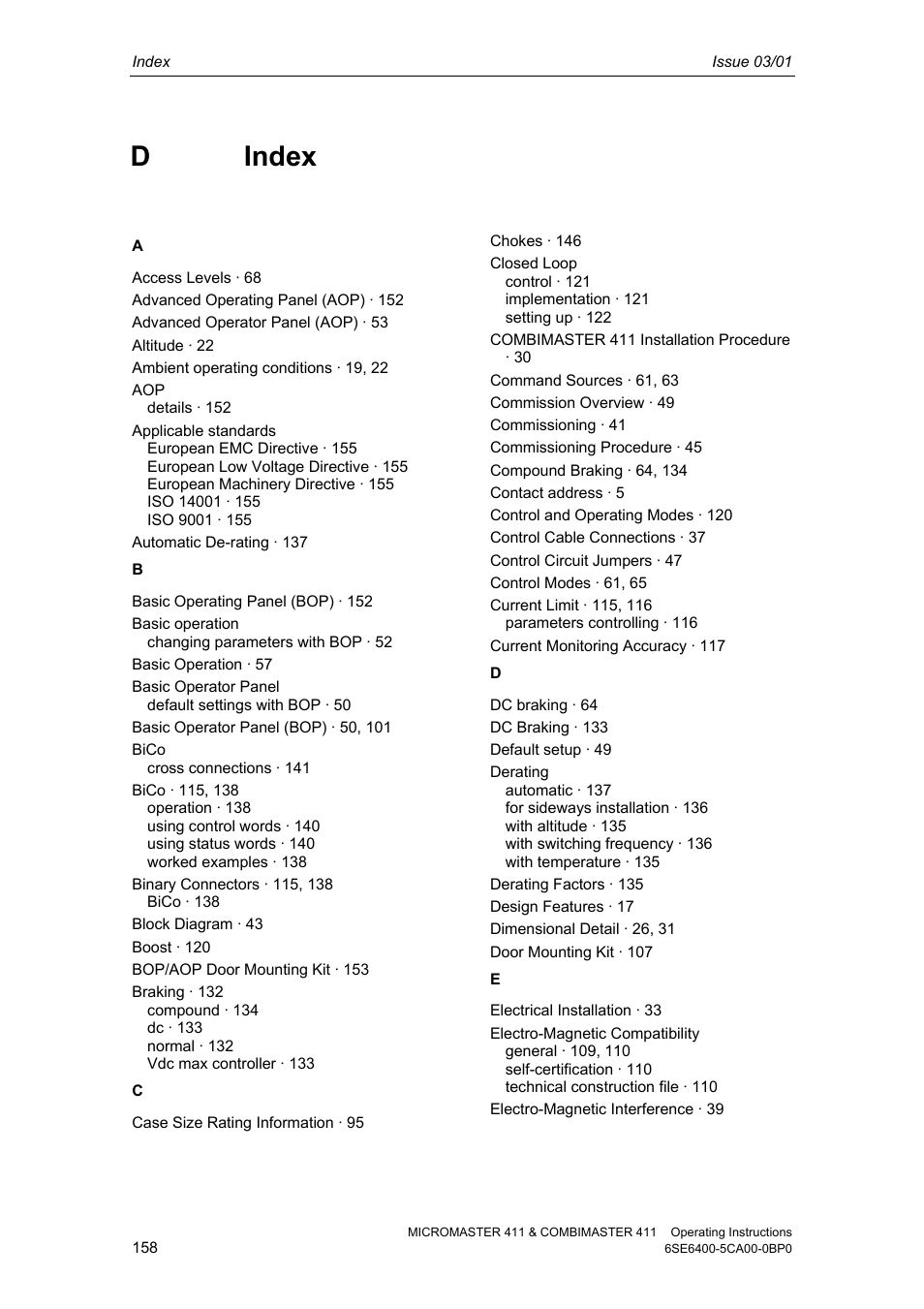 D index | Siemens MICROMASTER 411 User Manual | Page 158 / 164