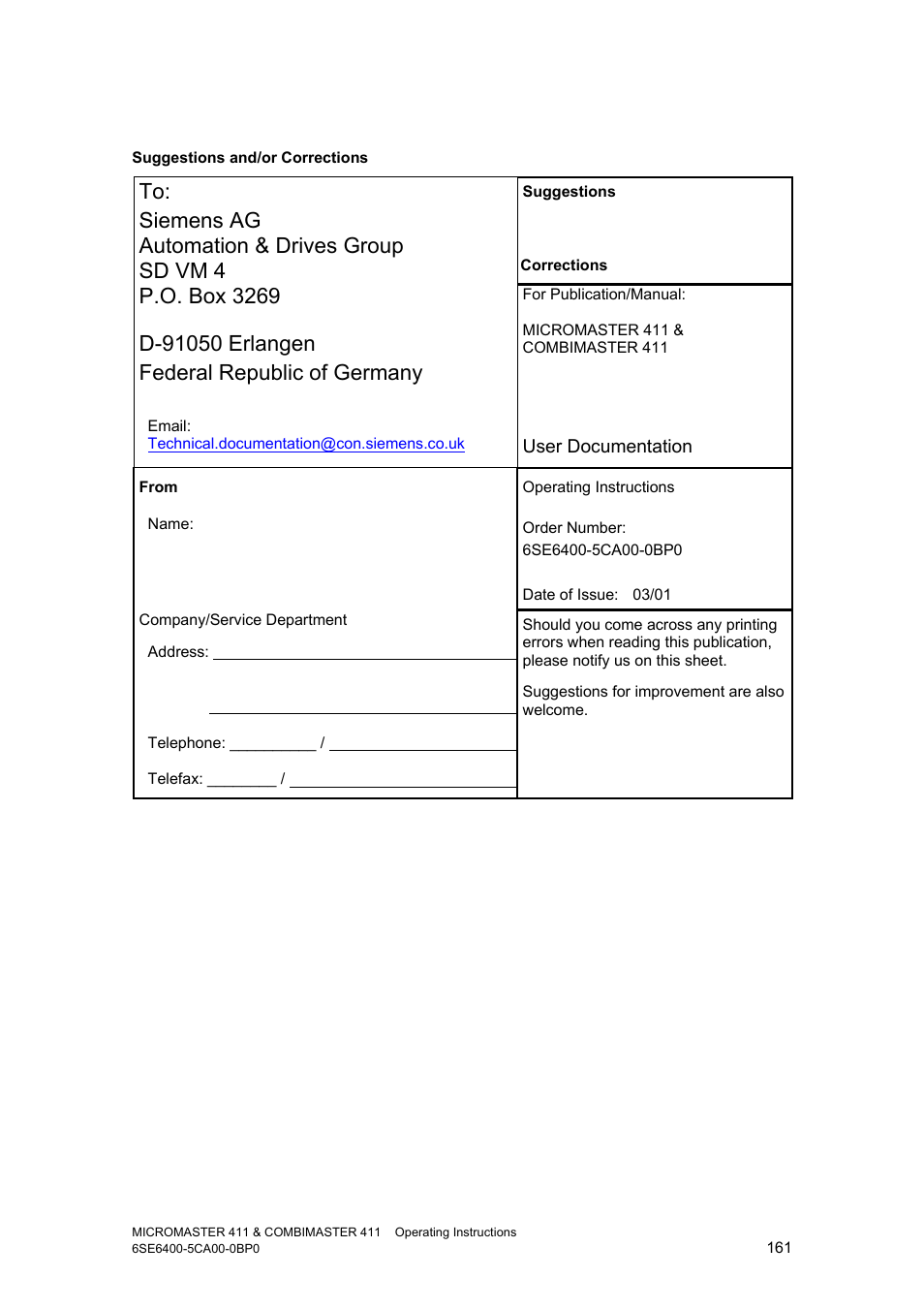 Siemens MICROMASTER 411 User Manual | Page 161 / 164