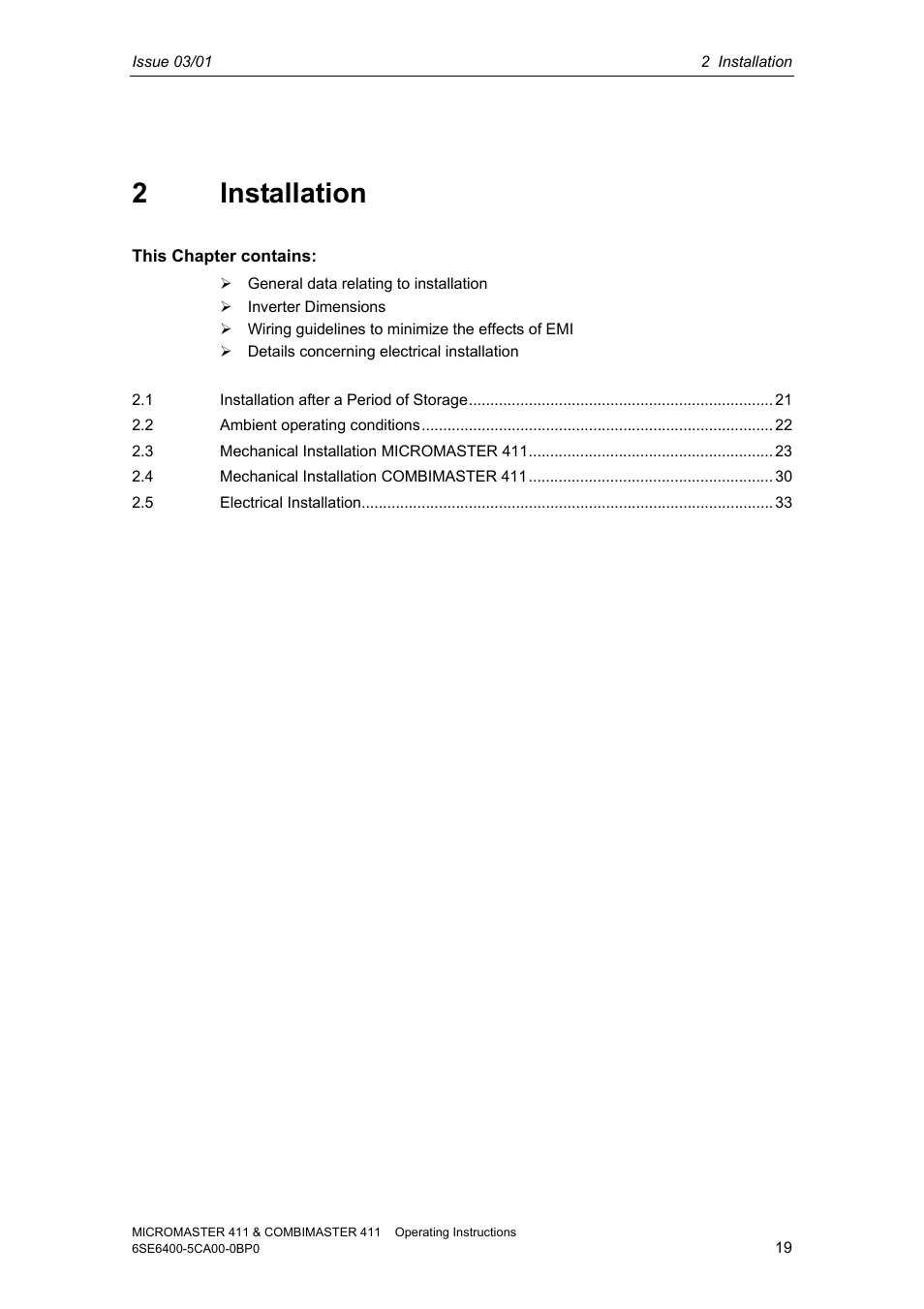 2 installation | Siemens MICROMASTER 411 User Manual | Page 19 / 164