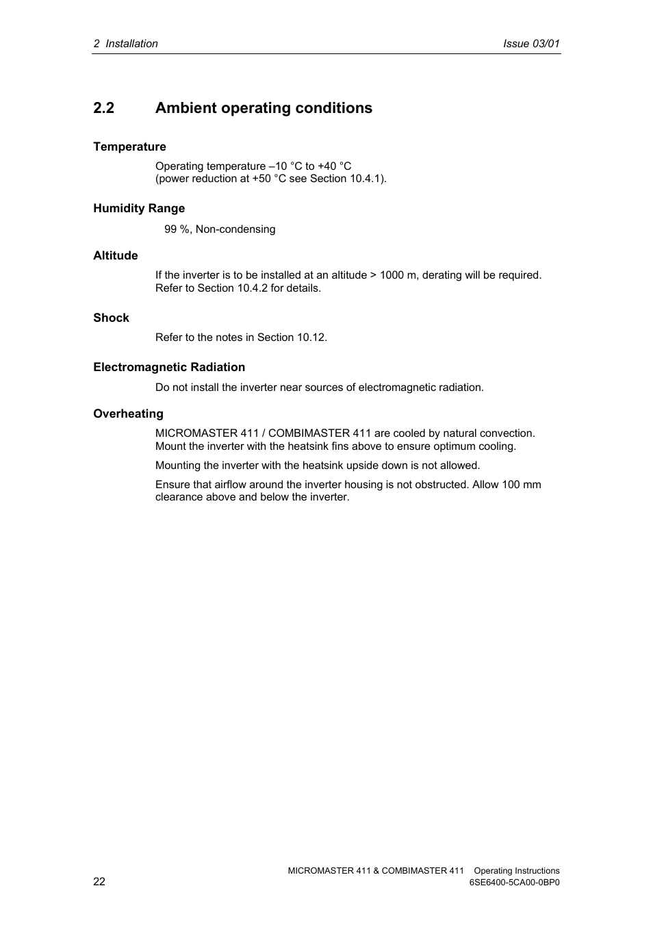 2 ambient operating conditions | Siemens MICROMASTER 411 User Manual | Page 22 / 164