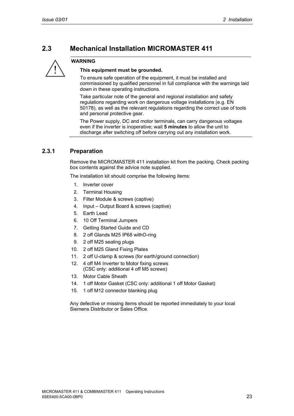 3 mechanical installation micromaster 411, 1 preparation | Siemens MICROMASTER 411 User Manual | Page 23 / 164