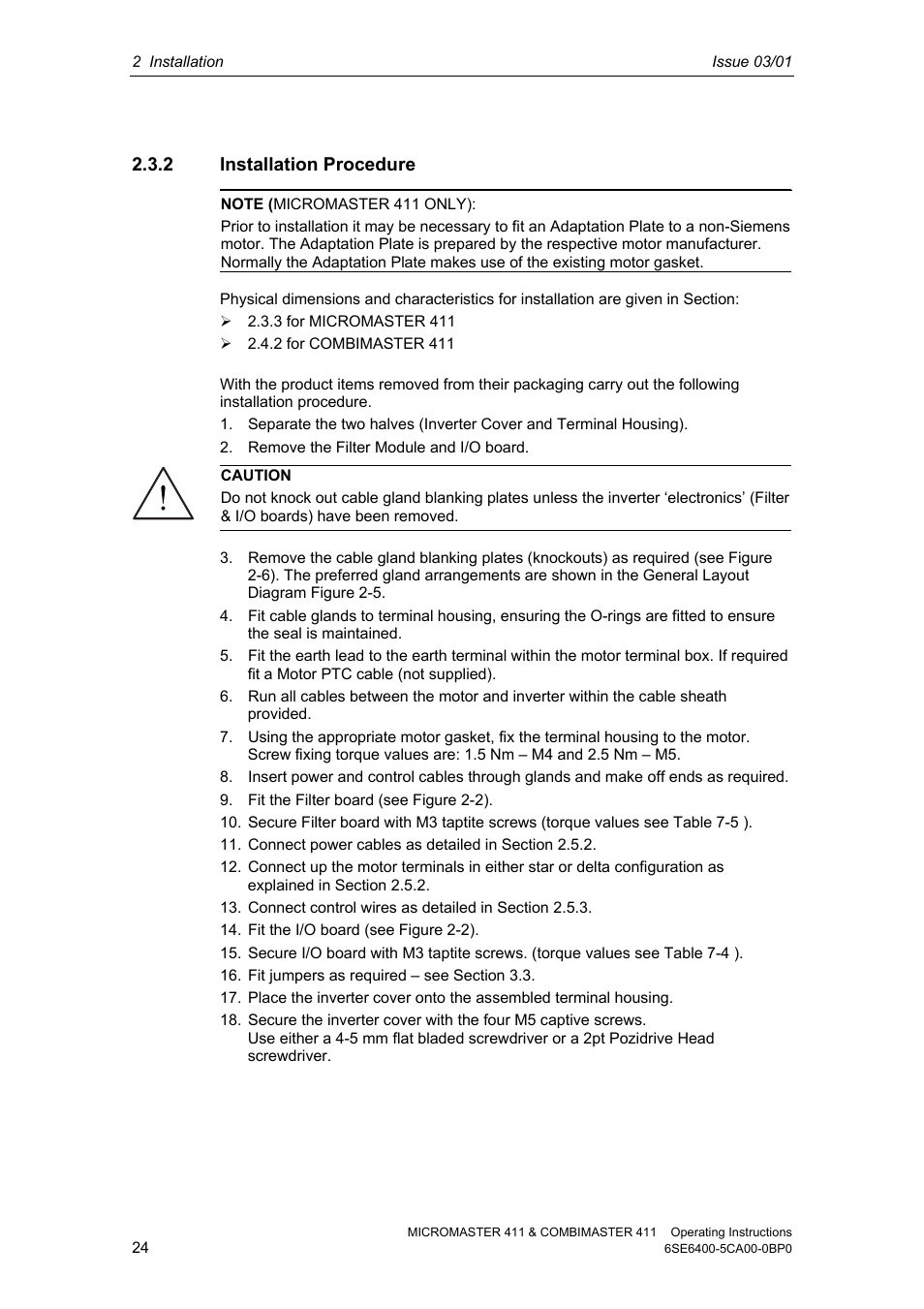 2 installation procedure | Siemens MICROMASTER 411 User Manual | Page 24 / 164