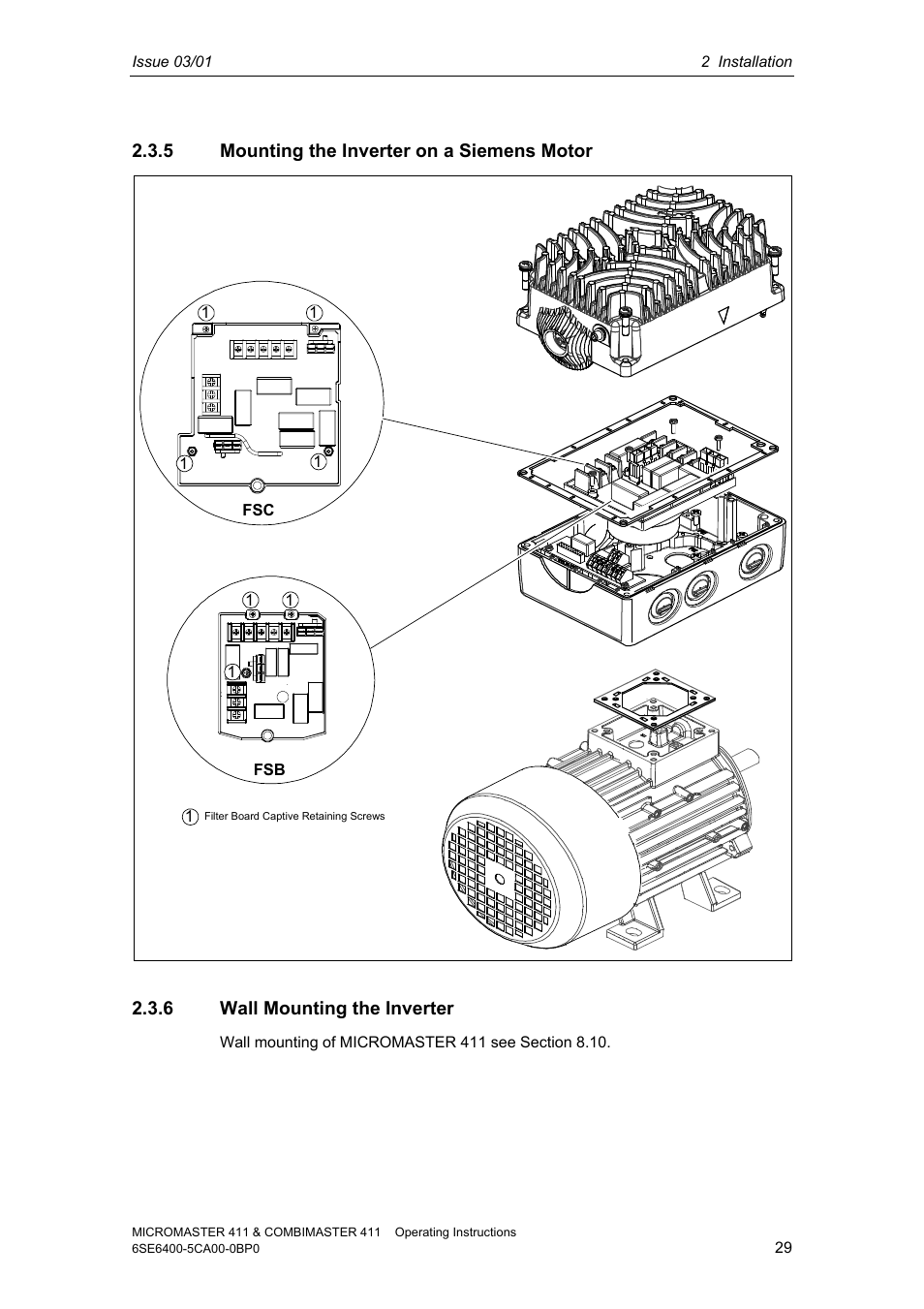 5 mounting the inverter on a siemens motor, 6 wall mounting the inverter | Siemens MICROMASTER 411 User Manual | Page 29 / 164