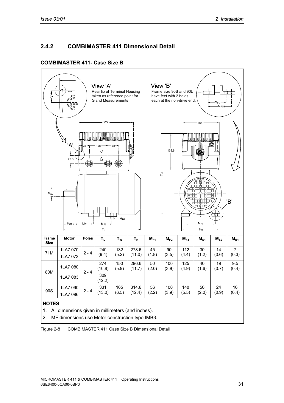 2 combimaster 411 dimensional detail, Combimaster 411- case size b | Siemens MICROMASTER 411 User Manual | Page 31 / 164