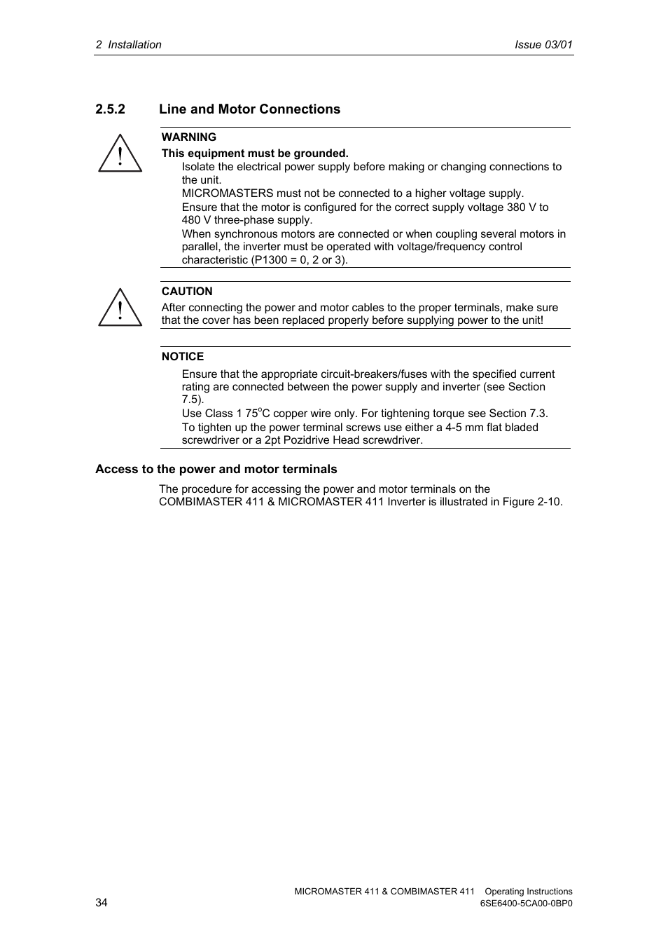 2 line and motor connections | Siemens MICROMASTER 411 User Manual | Page 34 / 164