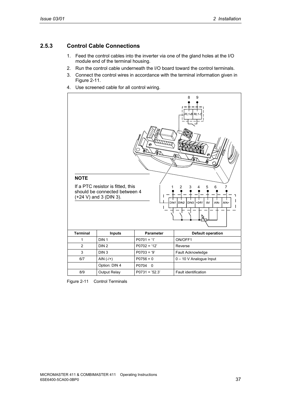 3 control cable connections | Siemens MICROMASTER 411 User Manual | Page 37 / 164