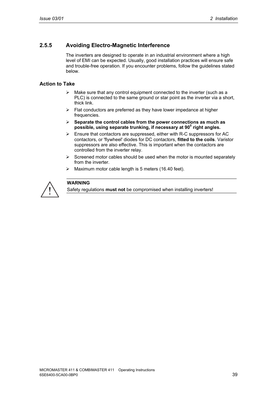 5 avoiding electro-magnetic interference | Siemens MICROMASTER 411 User Manual | Page 39 / 164