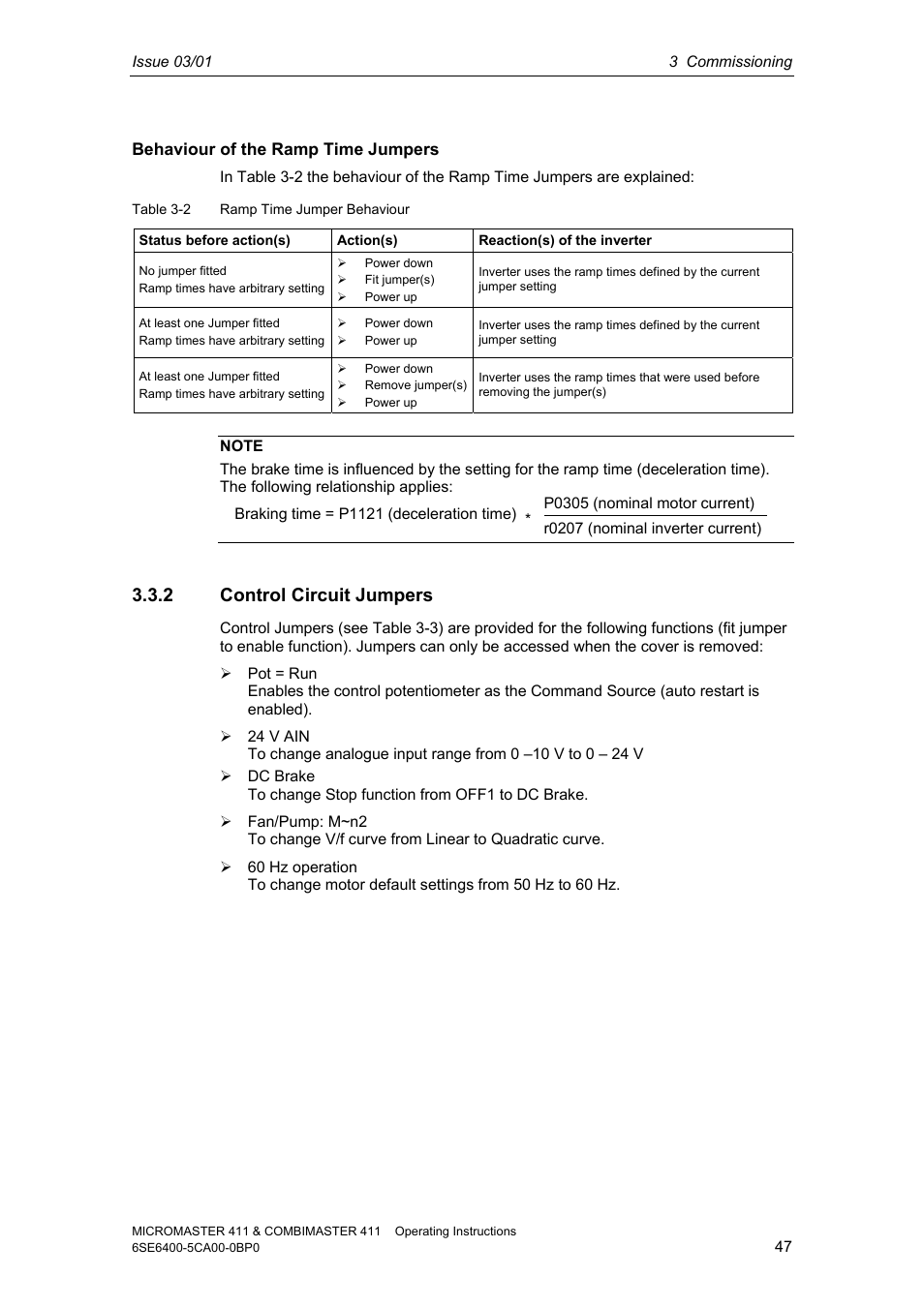 2 control circuit jumpers | Siemens MICROMASTER 411 User Manual | Page 47 / 164