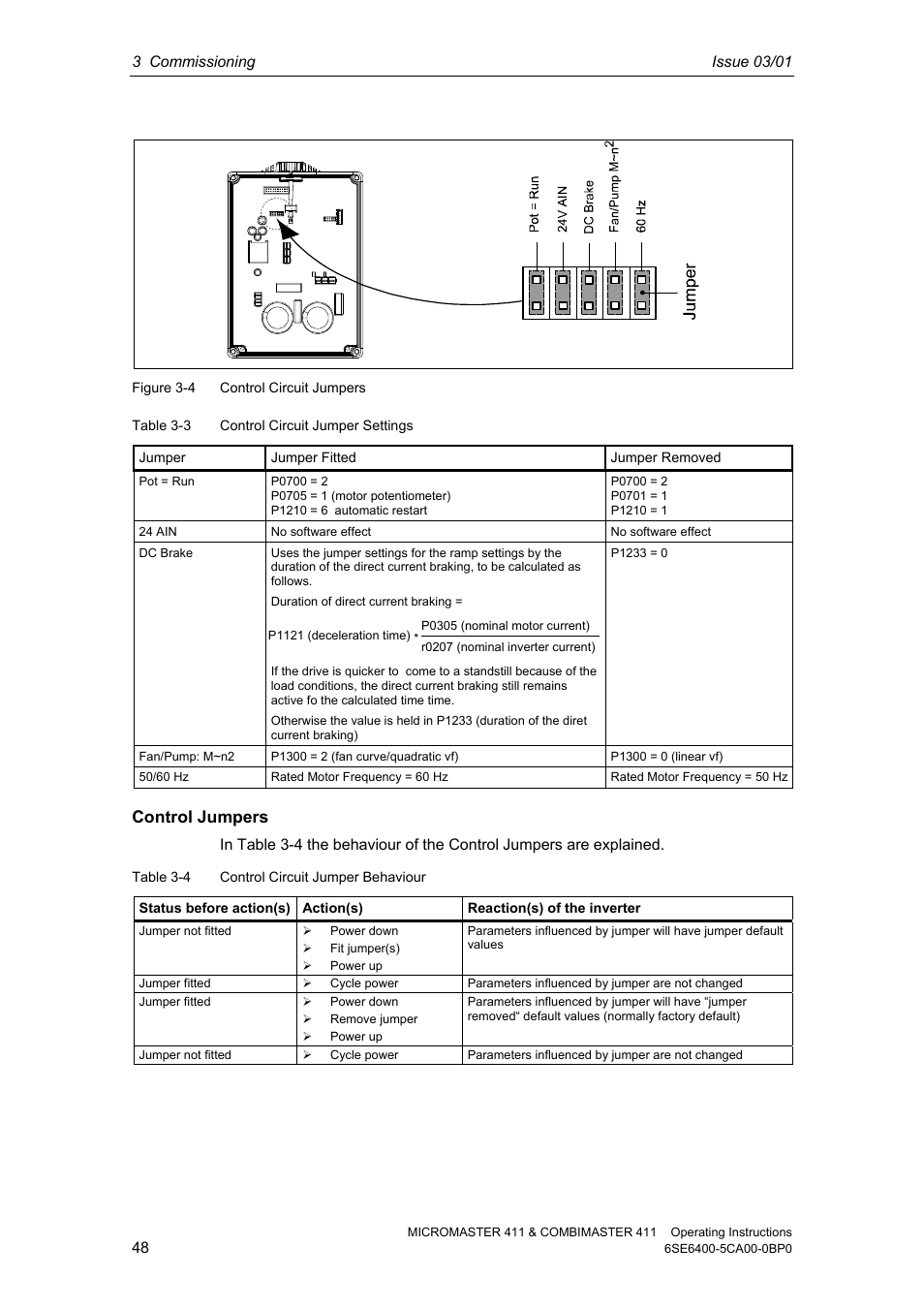 Control jumpers | Siemens MICROMASTER 411 User Manual | Page 48 / 164