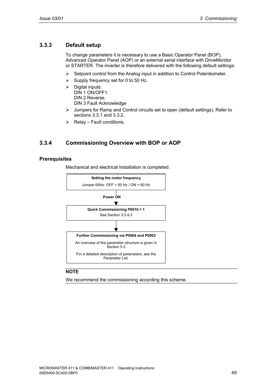 3 default setup, 4 commissioning overview with bop or aop | Siemens MICROMASTER 411 User Manual | Page 49 / 164