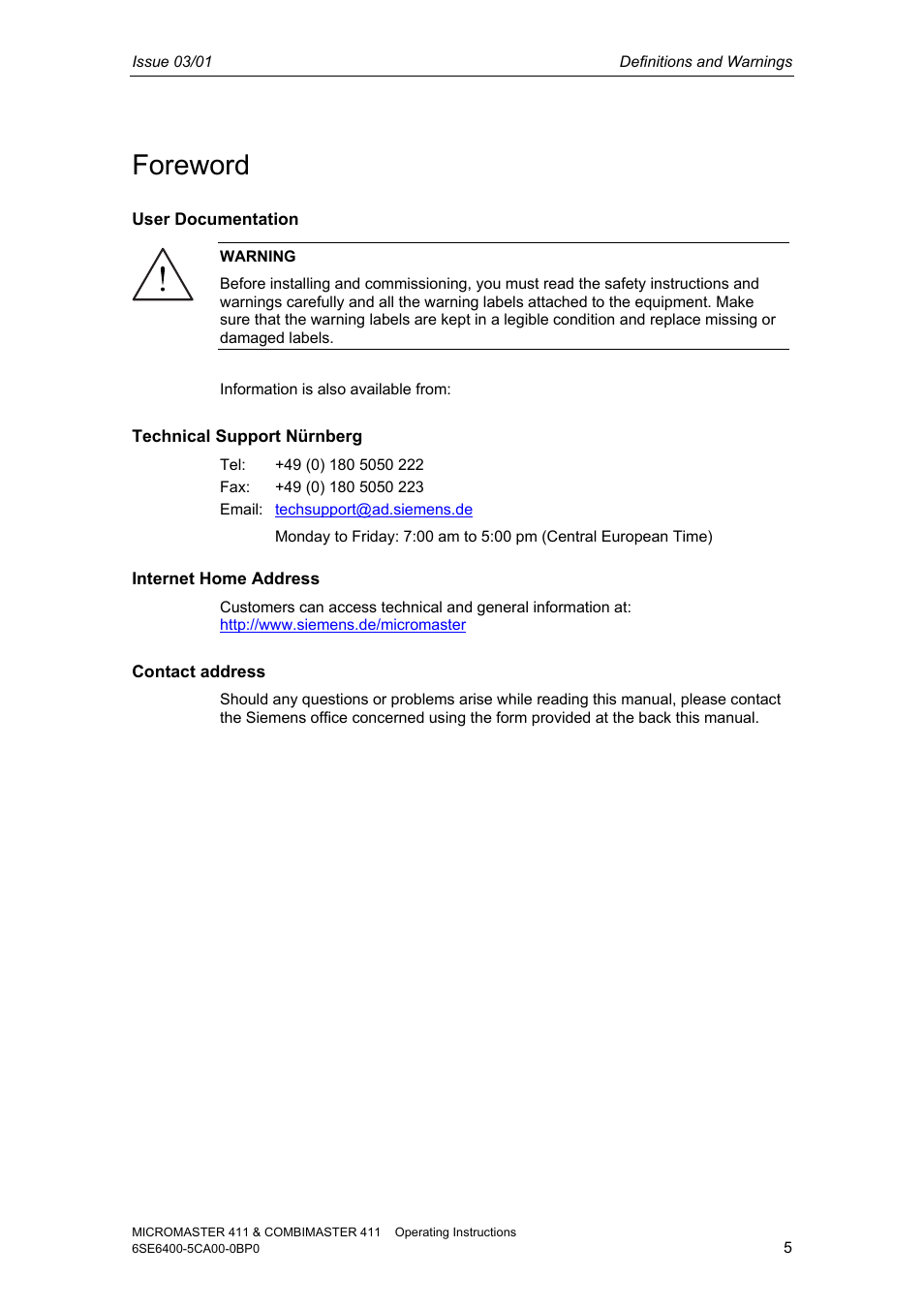 Foreword | Siemens MICROMASTER 411 User Manual | Page 5 / 164