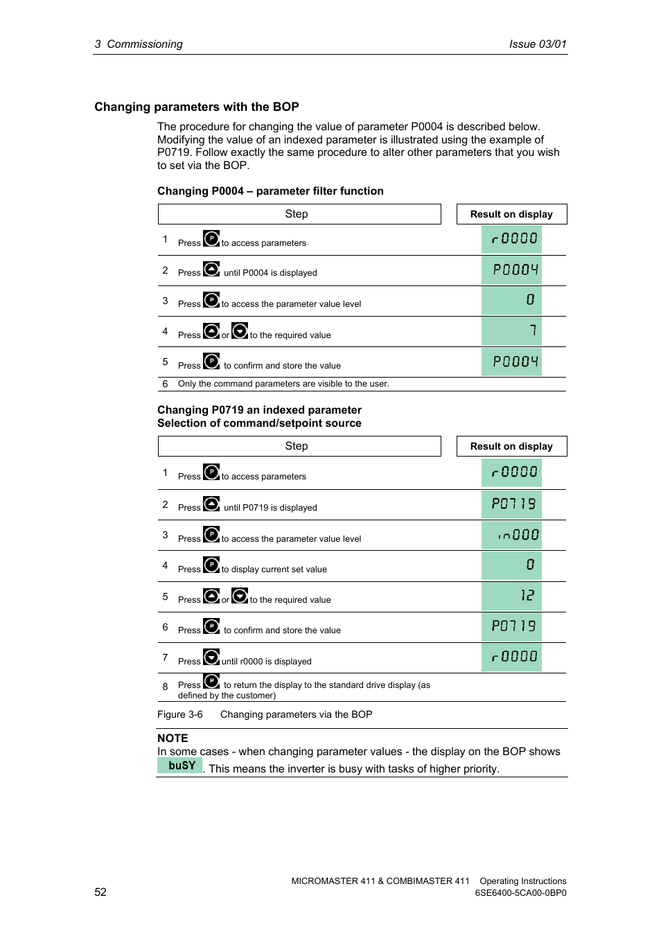 Changing parameters with the bop | Siemens MICROMASTER 411 User Manual | Page 52 / 164