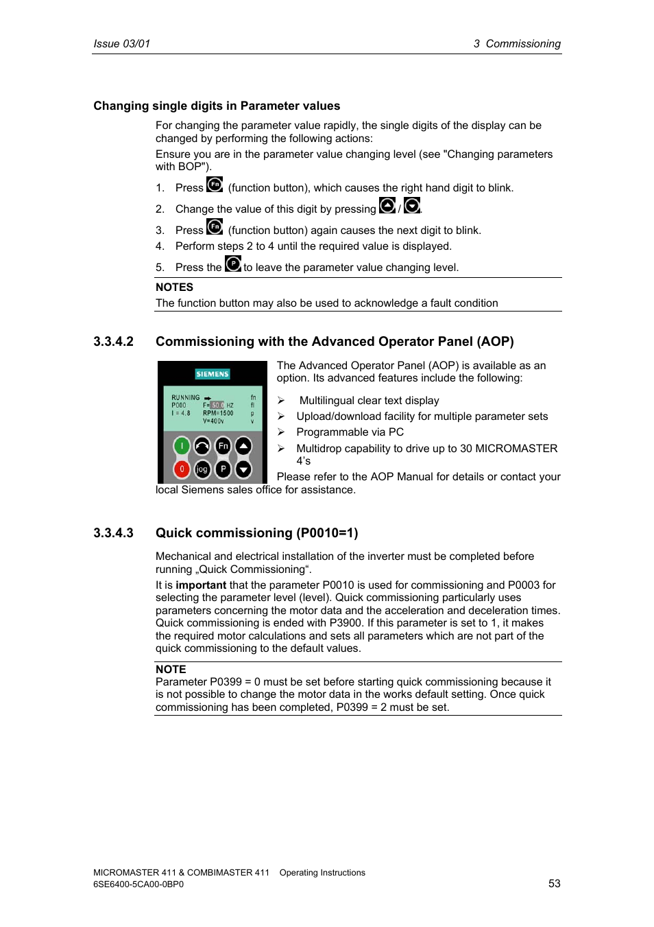 3 quick commissioning (p0010=1) | Siemens MICROMASTER 411 User Manual | Page 53 / 164