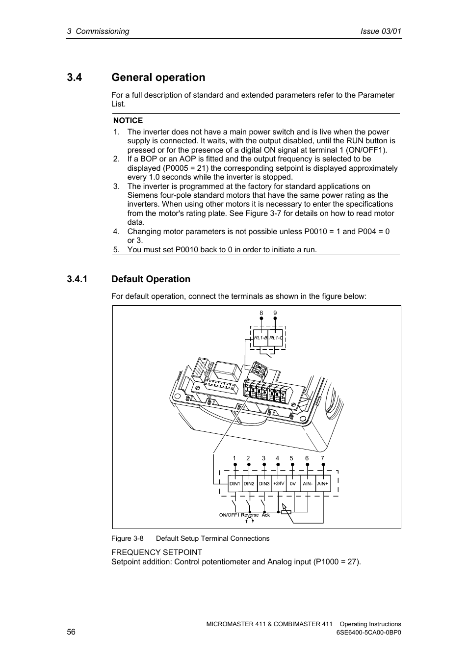 4 general operation, 1 default operation | Siemens MICROMASTER 411 User Manual | Page 56 / 164